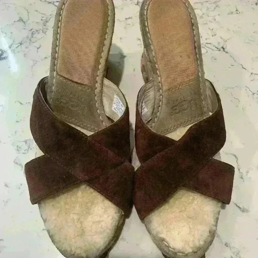 UGG Margot Brown Leather Shearling Wedge Espadrille Slip On Sandals Size 9
